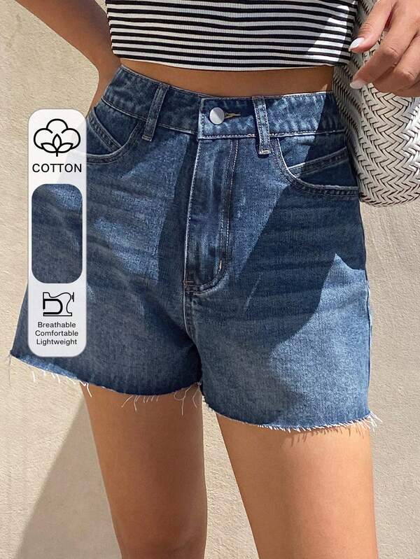 DAZY Shorts vaqueros casuales de cintura alta color azul profundo con dobladillo crudo y unicolor para mujer, para atuendos de verano, vacaciones y festivales