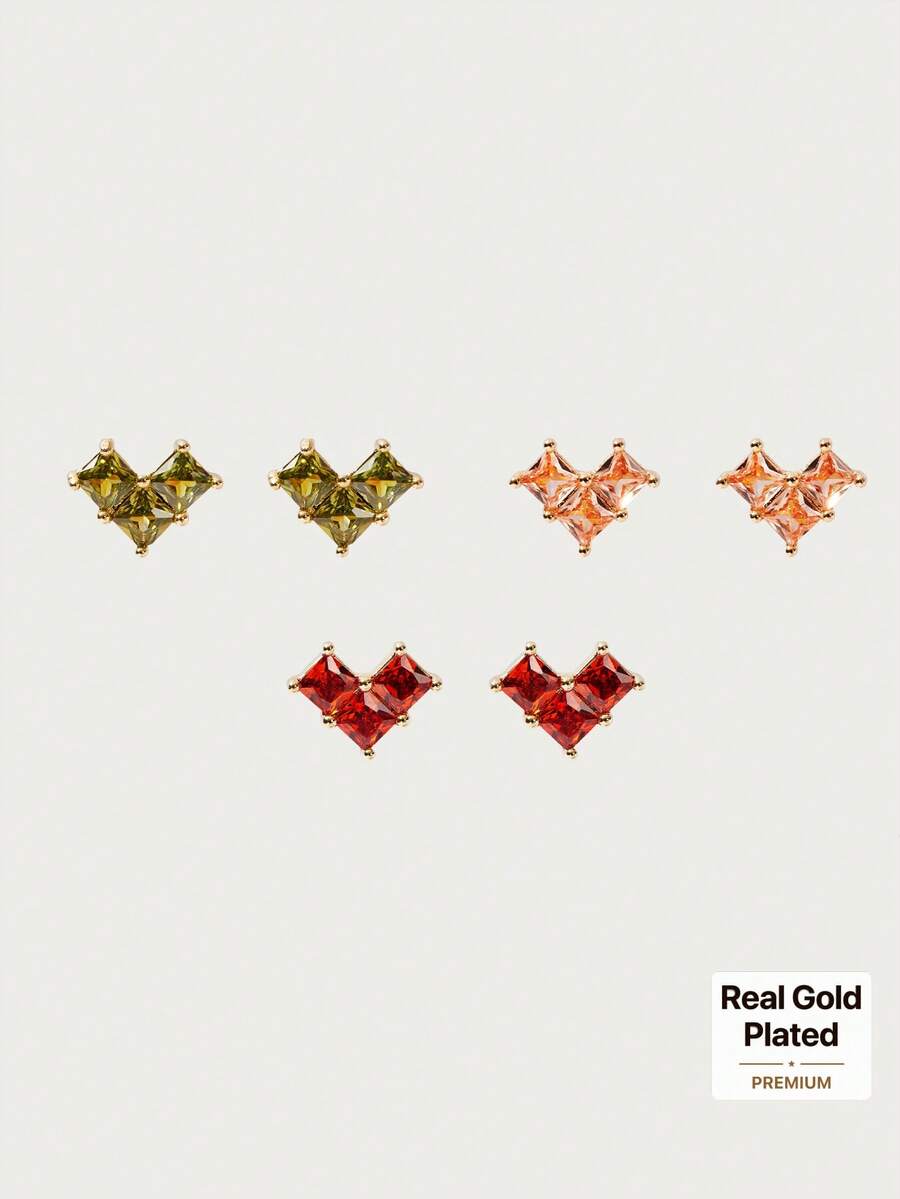 Glisma Anting Stud Cinta Berlapis Emas 18k dengan Inlay Zirkonium, Set Tiga Buah yang Kecil dan Indah - MultiWarna - View 1