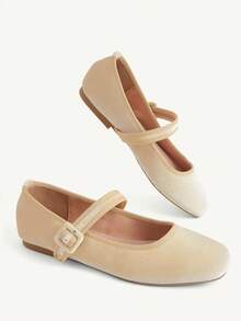 CUCCOO CHICEST Spring And Summer New Multi-Color Velvet Square Toe Mary Jane Shoes, Buckle Strap Flat Ballet Shoes, French Retro Style, Daily Commute - Beige - View 3