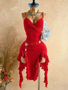 Soleia Women's Solid Color Twisted Knot Ruffle Hem Fashion Date Party Midi Spaghetti Strap Dress - Red - View 8