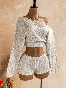 Soleia Women's Leopard Print Asymmetrical Shoulder Long Sleeve Top And Shorts Casual Daily 2-Piece Set - Multicolor - View 7