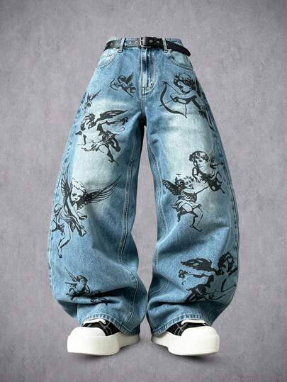 Manfinity Denimwave Men's Streetwear Gothic Angel Print Washed Denim Straight Leg Wide Leg Pants