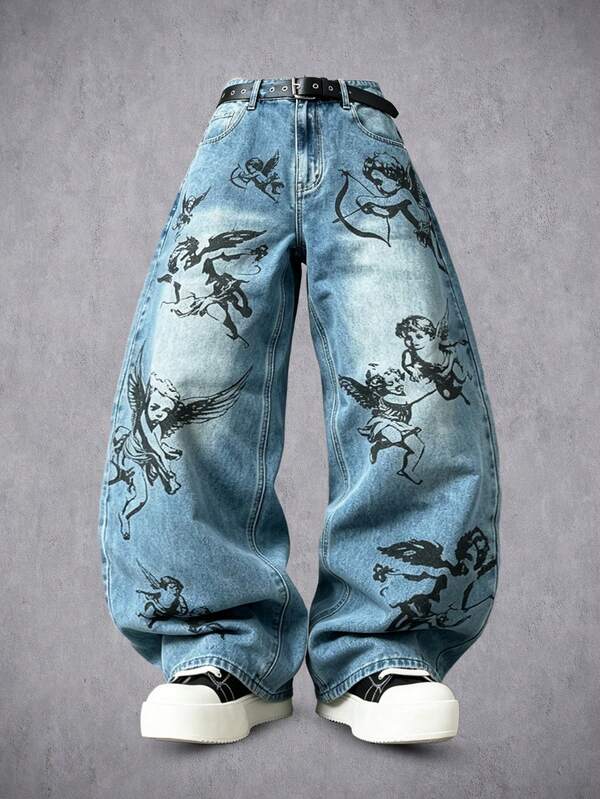 Manfinity Denimwave Men's Streetwear Gothic Angel Print Washed Denim Straight Leg Wide Leg Pants