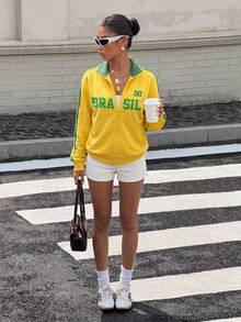 Muchica Women's Brazil-Inspired Yellow/Green Colorblock Sweatshirt - Jersey-Style, Streetwear, Game Day - Multicolor - View 5