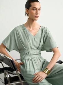 Aalyst Sage Green Linen Relaxed Elegant, Suitable For Workplace Brunch And Daily Wear Crossover Waist Wide Leg Jumpsuit, Luxurious Skin-Friendly Pants Summer - Green - View 7
