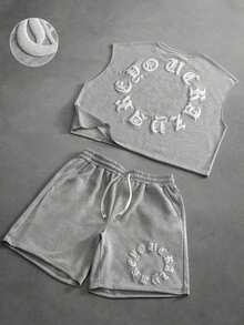 PAVTROS Men's Plus Size Letter Graphic Top And Drawstring Waist Shorts Casual Everyday Set - Light Grey - View 6