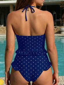 Sunnyshic Women's Vacation Beach Polka Dot Print Tankini Set - Navy Blue - View 2