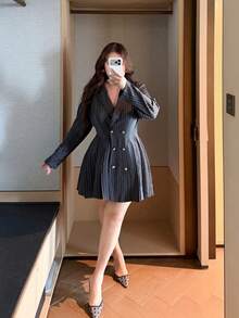 Vibekara Plus Size Women's Striped Pleated Casual Daily Wear Dress Fall - Dark Grey - View 3