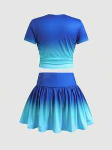 SHEIN Tween女孩夏季可愛休閒灰色套裝：短袖短版上衣與百褶迷你裙 - 藍色 - 查看 7