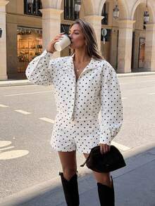 SHEIN PETITE Women's Fashion Polka Dot Print Zipper Front Long Sleeve Jacket And Shorts 2-Piece Set - Black and White - View 10