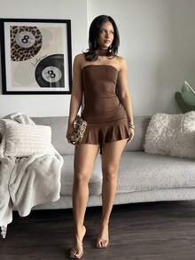 leahseptember Women's Solid Color Fitted Backless Mini Dress,Party Party Night Dresses For Women,Christmas Party Dress Coffee Brown Summer Elegant - Coffee - View 5