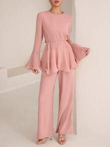 Graceveil Dusty Pink Round Neck Flared Sleeve Loose Fit Skirt, Women's 2 Pieces Set For Daily Wear Brunch Autumn Modest Elegant Brunch Tea Party - Pink - View 5