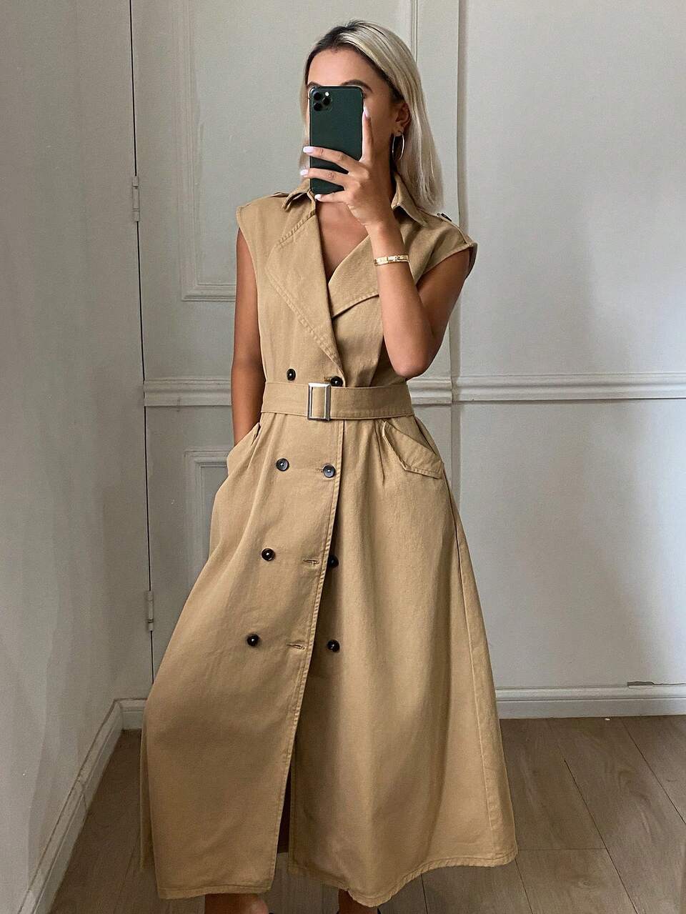 Women's Khaki Denim Sleeveless Dress With Lapel Collar, Double-Breasted, Cinched Waist, Summer Holiday Outfit