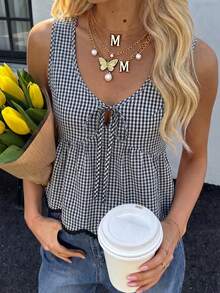 Flora Isola Flora Isola Damen Sommer Karomuster Schnürung Cut Out V-Ausschnitt Tailliert Rüschen Saum Ärmellos Tanktop Französischer Süß & Würzig Stil Lässig Pendeln Crop Top - Verschiedenfarbig - Übersicht 4