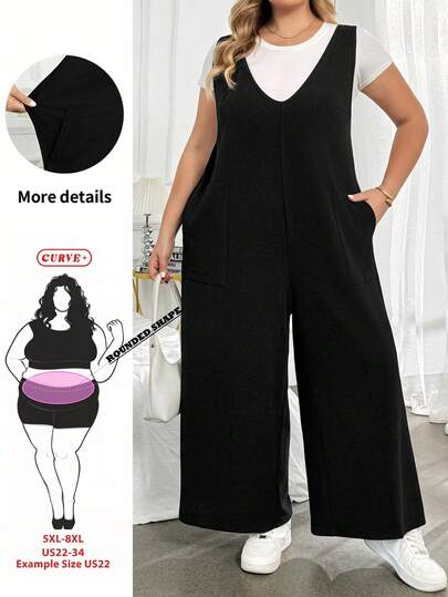 SHEIN CURVE+ Women's Plus Size V-Neck Loose Pocket Wide Leg Jumpsuit