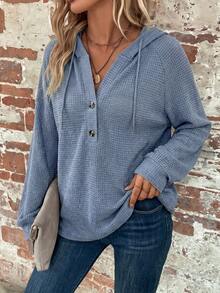 SHEIN LUNE Women's Solid Color Raglan Long Sleeve Button Half-Placket Drawstring Hooded Sweatshirt - Blue - View 3