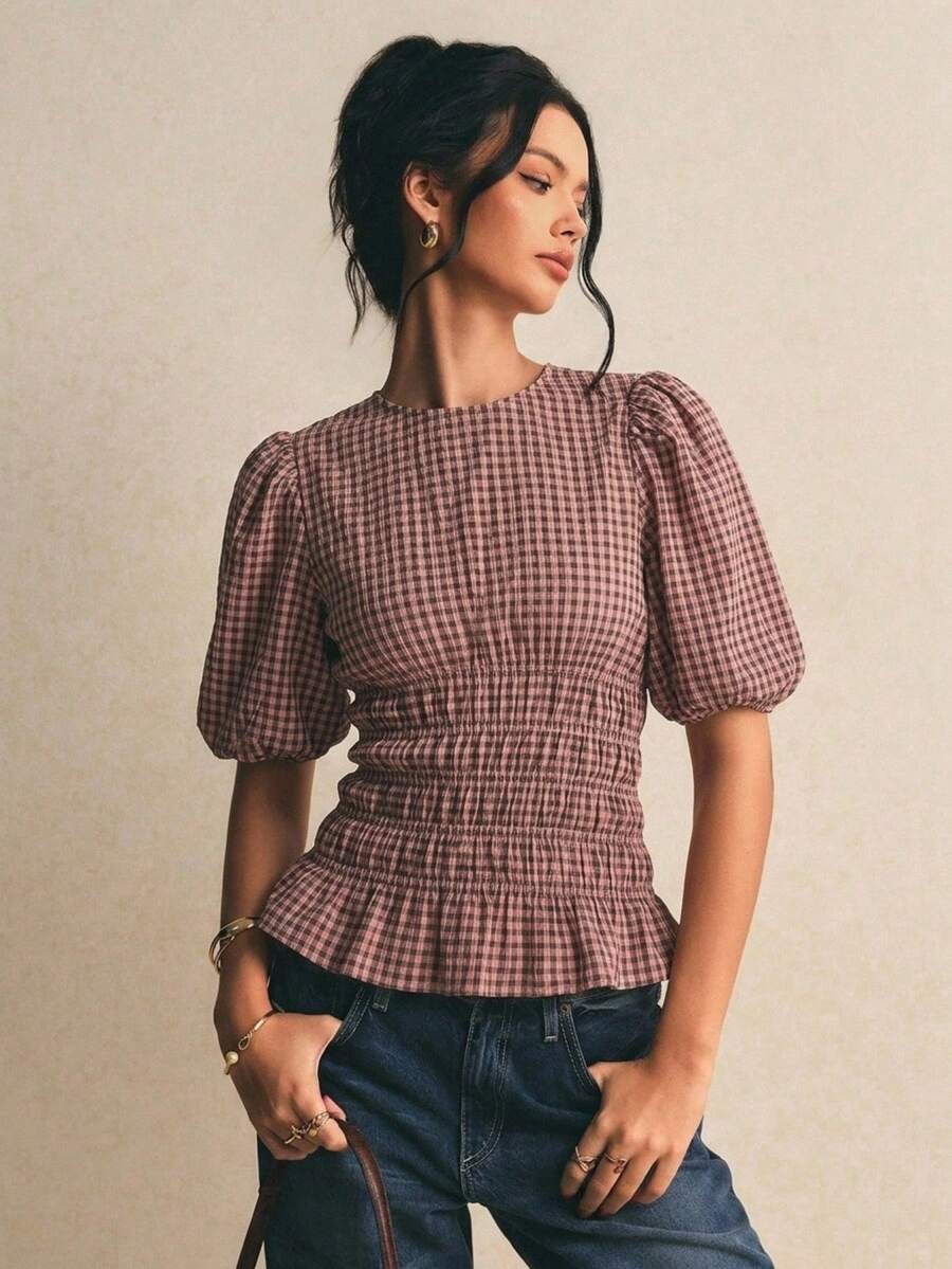 Poéselle 女款格紋圓領短澎澎袖百褶襯衫 - 粉色 - 查看 1