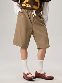 Vaulklash Loose Men's Shorts With Letter Patchwork And Drawstring Waist - Khaki - View 4