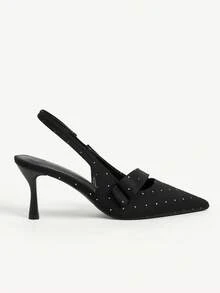 CUCCOO CHICEST Women Shoes Black Canvas Bow Pointed Toe Middle Heel Back Trip Band Women's Shoes Suitable For Daily Commuting Dating Slingback Shoes Fall Shoes - Black - View 3