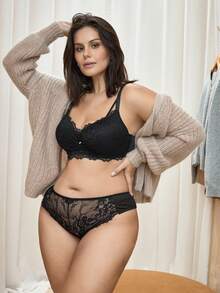 Bralution Lace Push-Up Lift Comfortable Plus Size Lingerie Set - Black - View 5