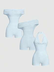 Sweetra Plus Size Women Black Knit Fitted Elastic Jumpsuit Short Romper With Multiple Wear Styles, Elegant Cowl Neck, Gentle Off-Shoulder, Commuter Asymmetric Shoulder, Sleeveless, Waist-Cinching, Soft Comfortable Inclusive Fit - Baby Blue - View 2