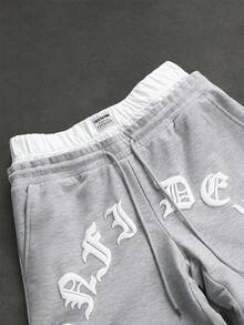 SLATEMANN Men's Letter Embossed Drawstring Waist Loose Wide Leg Sweatpants - Grey - View 5