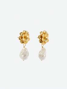 Opalesca 1 Pair Fashionable & Unique Pearl Decorated Earrings For Women, Versatile,Outfits,Old Money,Wedding/Bridal Accessories,Western Jewelry,Fairycore/Fairy,Pearl,Fall/Autumn/Winter,For Mom/Women/Girl/Mother,Elegant - Gold - View 5