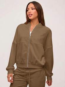 SHEIN BASICS Chaqueta holgada de punto de unicolor con cuello alto y manga larga para mujer, ropa de otoño e invierno - Café integral - Ver 4
