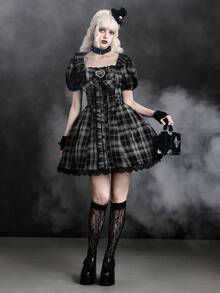 ROMWE Dark Gothic Black & Grey Plaid Bow Petal Sleeve Fitted A-Line Mini Dress - Multicolor - View 7