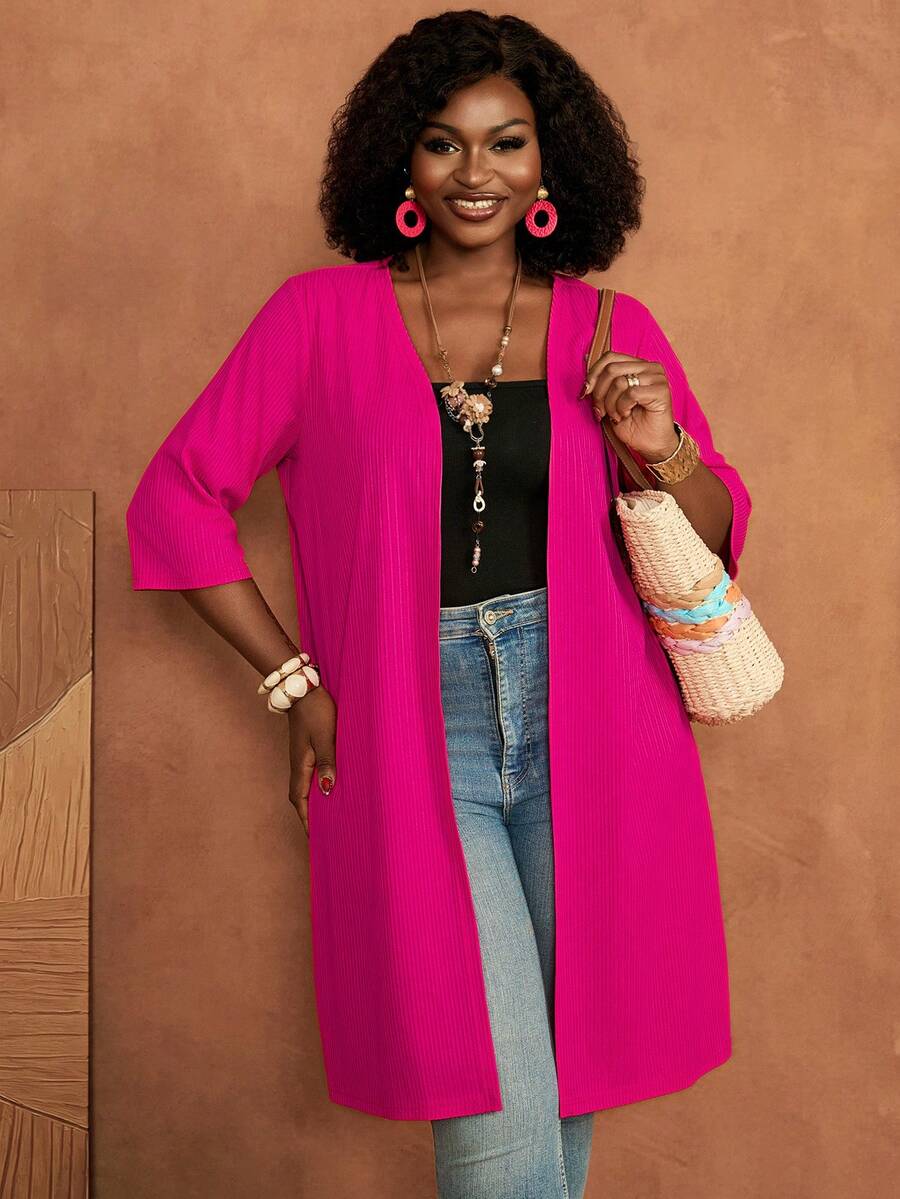 BrightlyHer Plus size enfärgad rosa lång cardigan med öppen front, 3/4-ärm, lätt, höst/vinter 2026