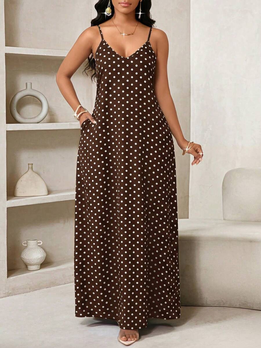 SHEIN Lady 女款波點休閒派對旅行夏季超長細肩帶洋裝 - 棕色 - 查看 1
