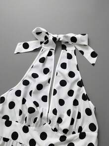 GlowEve CURVE Robe longue grande taille en tissu tissé à pois, col ras-du-cou, encolure en V, design à nouer, sans manches, taille haute, drapée, ourlet trapèze, élégante, vintage, style français léger, pour plage, vacances, après-midi thé, rendez-vous, fête, mode printemps-été - Noir et Blanc - Voir 5