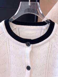 GlowEve CURVE Fashion Casual Design Hollow-Out Contrast Color Korean Style Plus Size Knit Cardigan Long Sleeve - Black and White - View 5