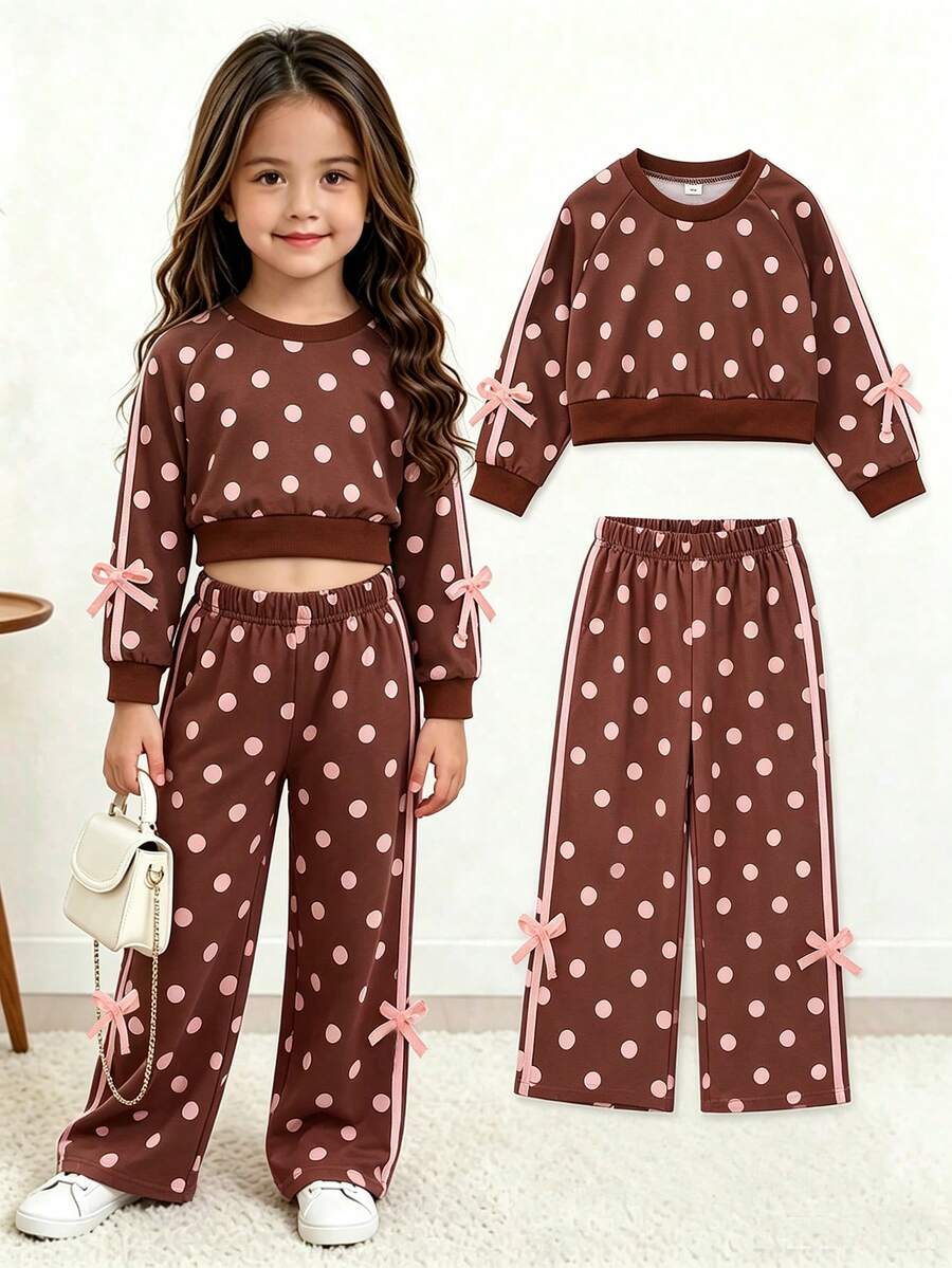Elladie kids 2pcs/Set Girls Autumn/Winter INS Style Brown & Pink Polka Dot Side Pink Ribbon Bow Short Sweatshirt And Wide Leg Pants Set, Suitable For Home, Outings And Versatile Wear - Coffee Brown - View 1