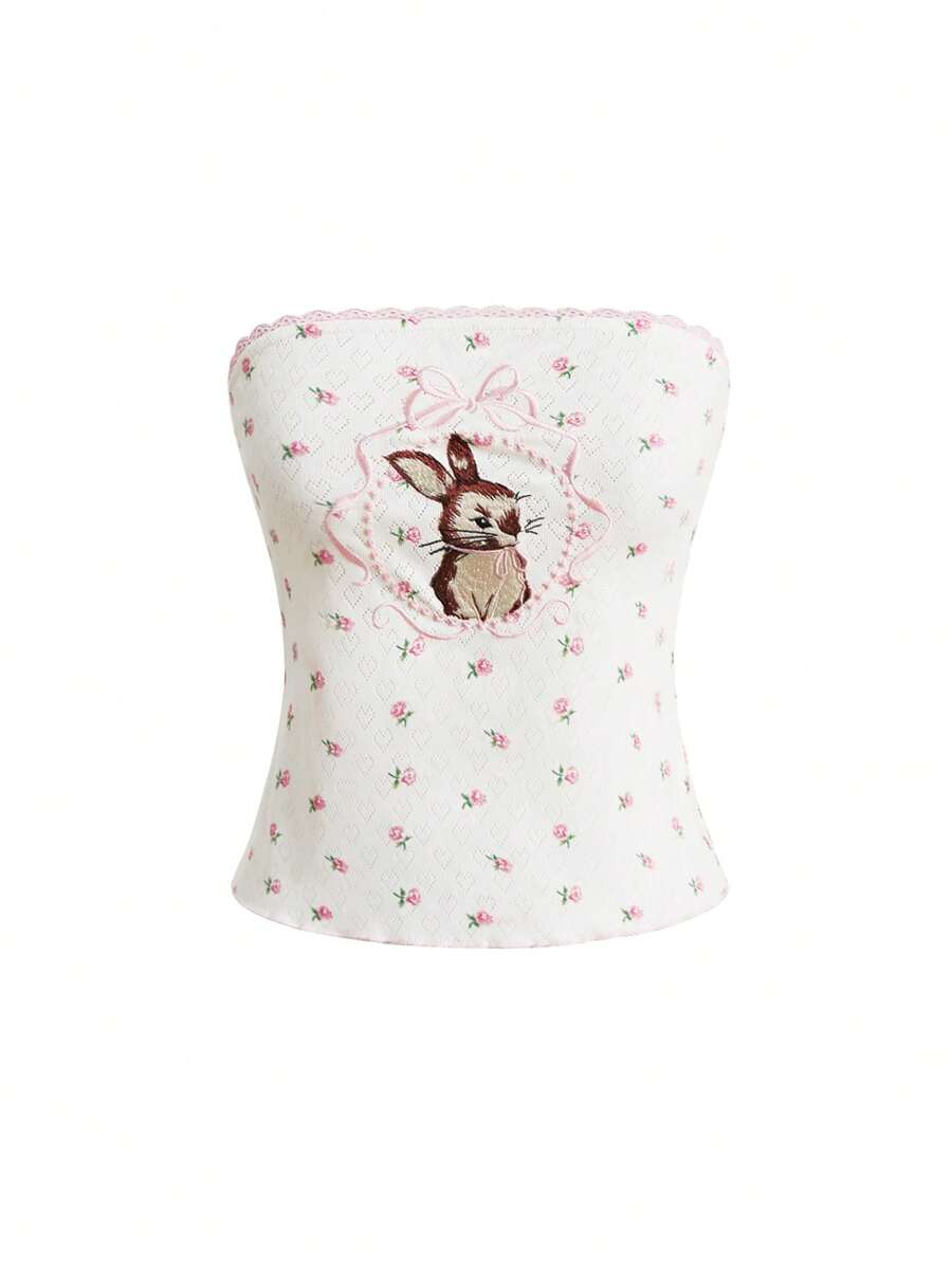 ROMWE Kawaii Women's Cute Cottagecore Coquette Lace Patchwork Floral Rabbit Print All-Match Camisole Top, Versatile Brunch White Animal Print Summer - White - View 1
