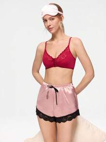 Bonmuse 1pc Women's Casual Wireless Lace Bra With Adjustable Straps, Sexy & Breathable - Red - View 2