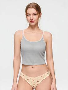 Bonmuse 1pc Sexy Lace Patchwork Camisole Top With Padded Bust, Fitted Ribbed Sleeveless Crop Top, Suitable For All Seasons - Grey - View 3