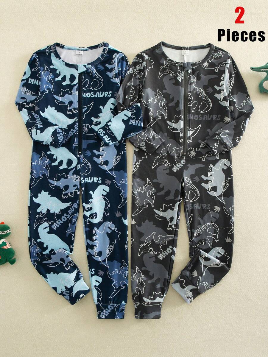 2件組男孩秋/冬款貼身連身睡衣套裝,恐龍印花拉鍊式長袖兒童睡衣套裝 - 彩色 - 查看 1