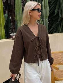 Livesso Top de mujer de algodón color marrón liso con cuello en V, mangas farol, lazo anudado, corto y holgado, estilo denim, para verano y otoño - Café integral - Ver 7