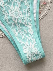 Swim Basics Conjunto de bikini con sujetador halter triangular de encaje floral y braga de lazo lateral para el verano - Azul menta - Ver 4