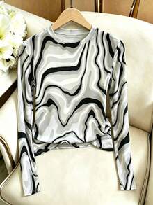 GlowEve Kaos Wanita Bergaris, Modis, Warna Kontras, Leher Bulat, Lengan Panjang - MultiWarna - View 5