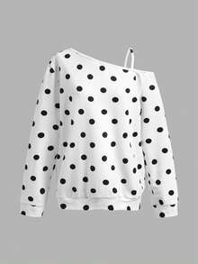 SHEIN 青少年女孩波點露肩休閒日常長袖秋季衛衣 - 白色 - 查看 5