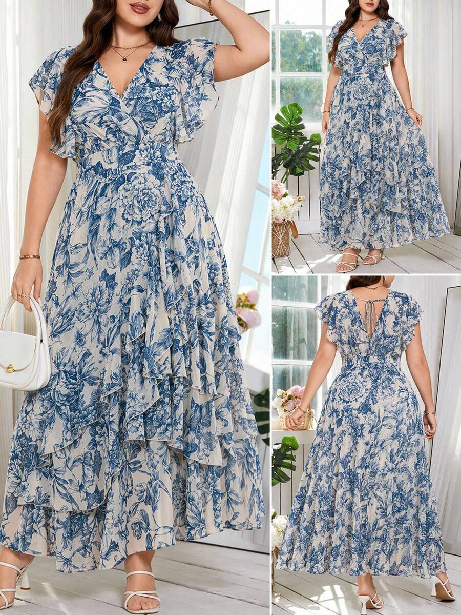SHEIN Clasi 大尺碼夏季優雅碎花印花荷葉邊裙 - 藍白色 - 查看 1