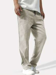Chillumni Pantalones rectos de cintura con cordón, unicolor, holgados, para otoño - Gris Claro - Ver 5
