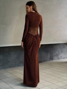 MOTF PREMIUM Vestido elegante de mujer con diseño plisado elástico y brillo para otoño, ajuste ceñido - Café integral - Ver 5