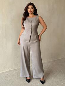 Auralis Plus Size Women Solid Color Vest And Pants Casual Elegant Commute Suit Set Office Formal Grey Summer - Khaki - View 6