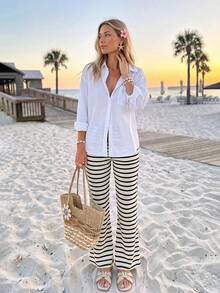Sylviya Casual Hawaiian Sexy Women's Summer Knitted Black And White Striped Checkered Beach Long Pants - Black and White - View 2