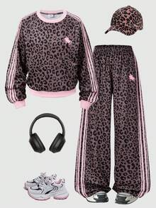 Genkimix Kids Tween女孩新款時尚豹紋圓領長袖上衣與豹紋寬腿褲2件套，秋冬款 - 彩色 - 查看 2
