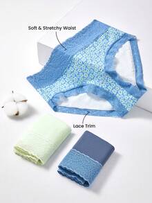LUVLETTE Plus 3-Pack Lace Trim Cotton High-Waist Briefs Women Underwear Panties Set- Floral Print Lace Trim--Blue - Multicolor - View 8