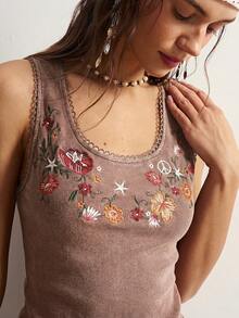 Bohemela Casual Boho Solid Color Knit Sleeveless Fitted Embroidered Tank Top For Women Vacation Brown Floral Summer - Brown - View 4